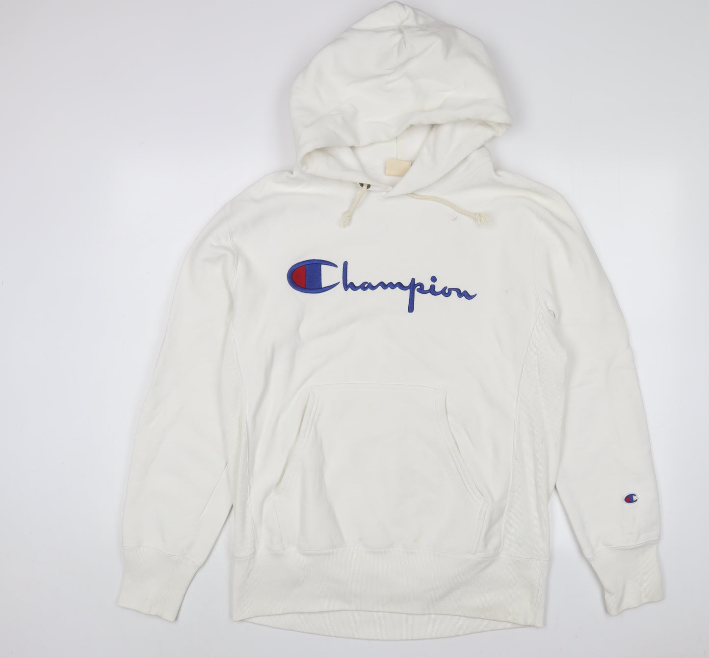 Champion Mens White Cotton Pullover Hoodie Size L - Logo, Embroidered