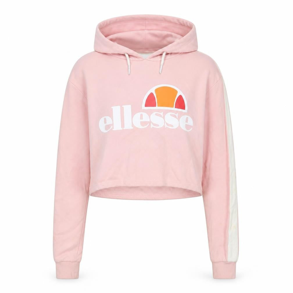Front view of Ellesse women’s pink cotton pullover hoodie, size UK 6, pullover - logo