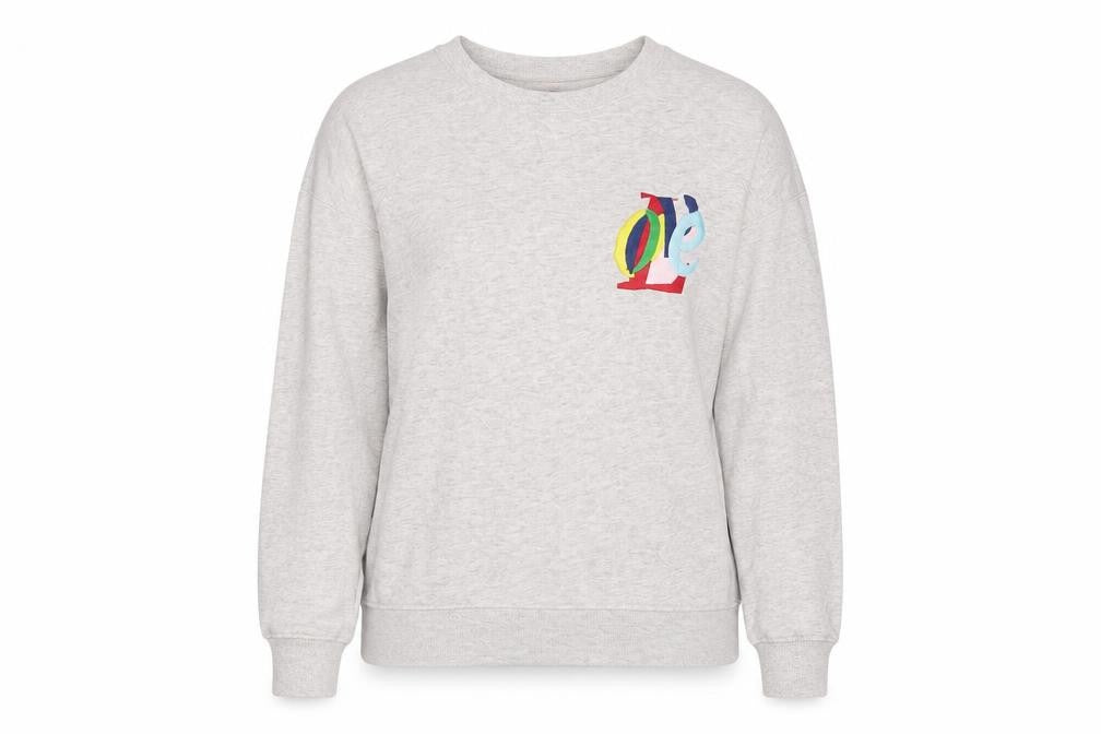 Front view of French Connection women’s grey cotton pullover sweatshirt, size M, pullover - embroidered