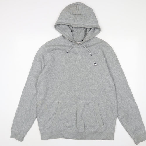 Penguin Mens Grey Cotton Pullover Hoodie Size L - Logo, Embroidered