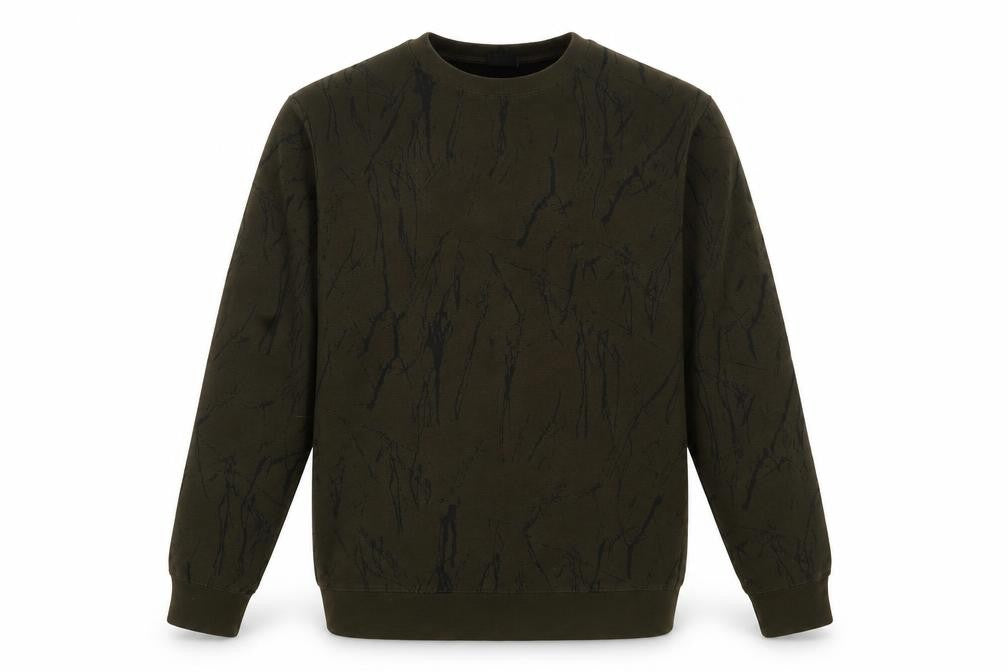 Front view of H&M men’s green geometric cotton pullover sweatshirt, size M