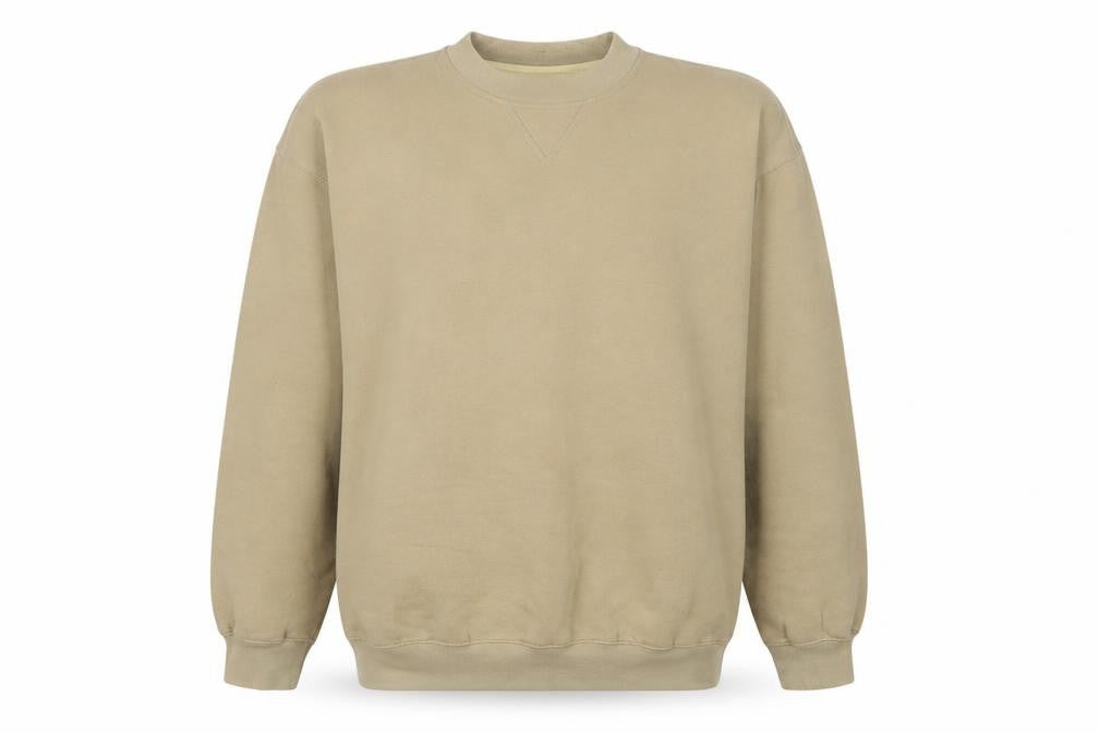 Front view of James Jordan men’s beige cotton pullover sweatshirt, size L