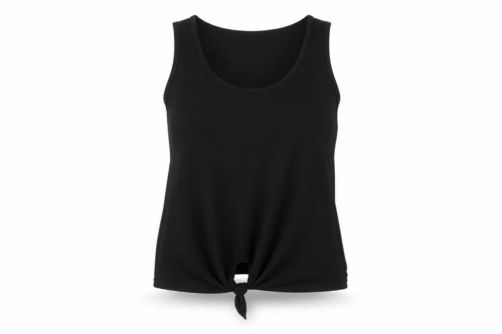 Front view of New Look women’s black cotton basic tank, size UK 10, scoop neck - tie
