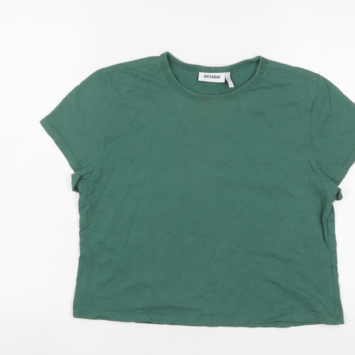 Weekday Womens Green Cotton Cropped T-Shirt Size L Crew Neck