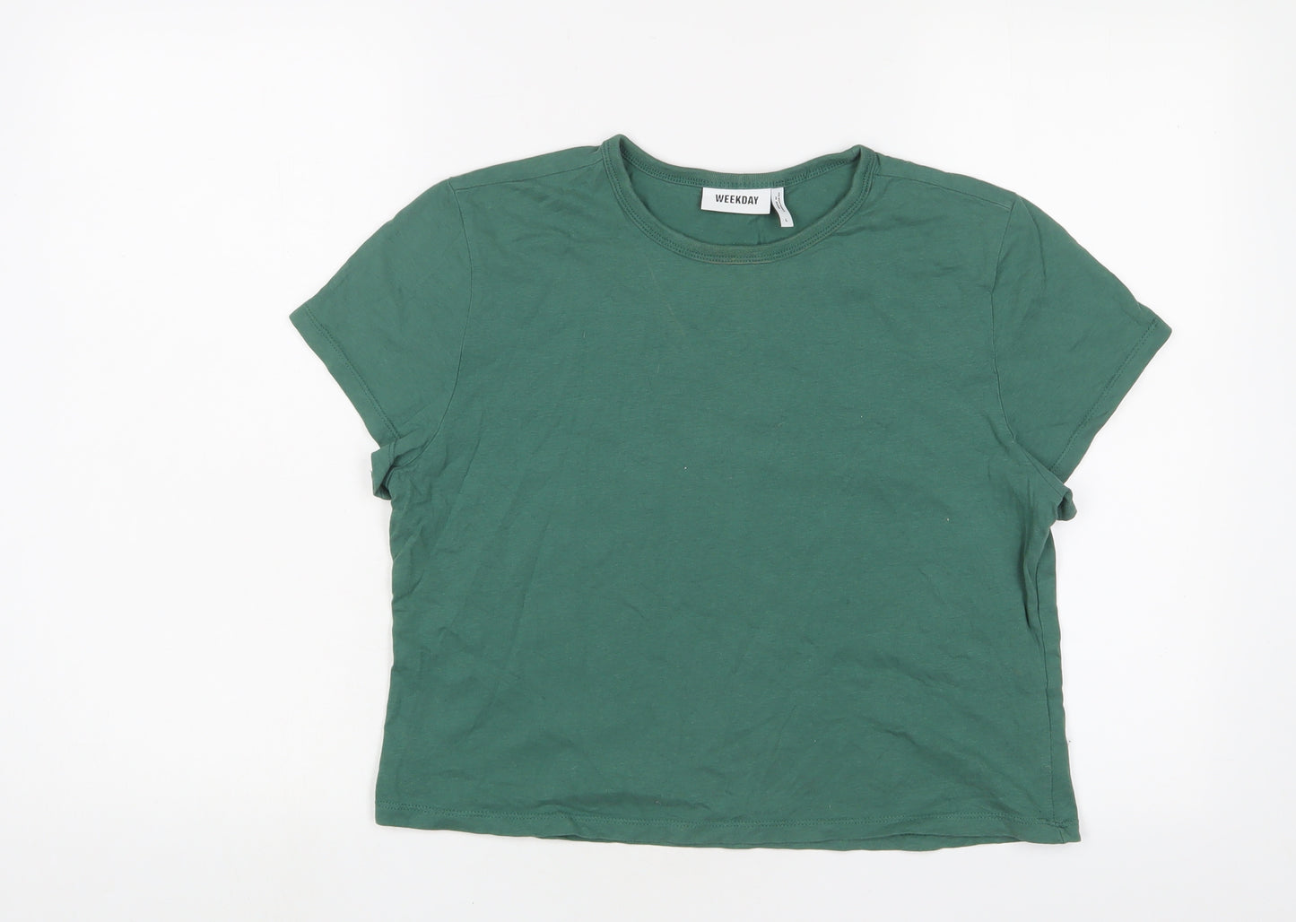 Weekday Womens Green Cotton Cropped T-Shirt Size L Crew Neck