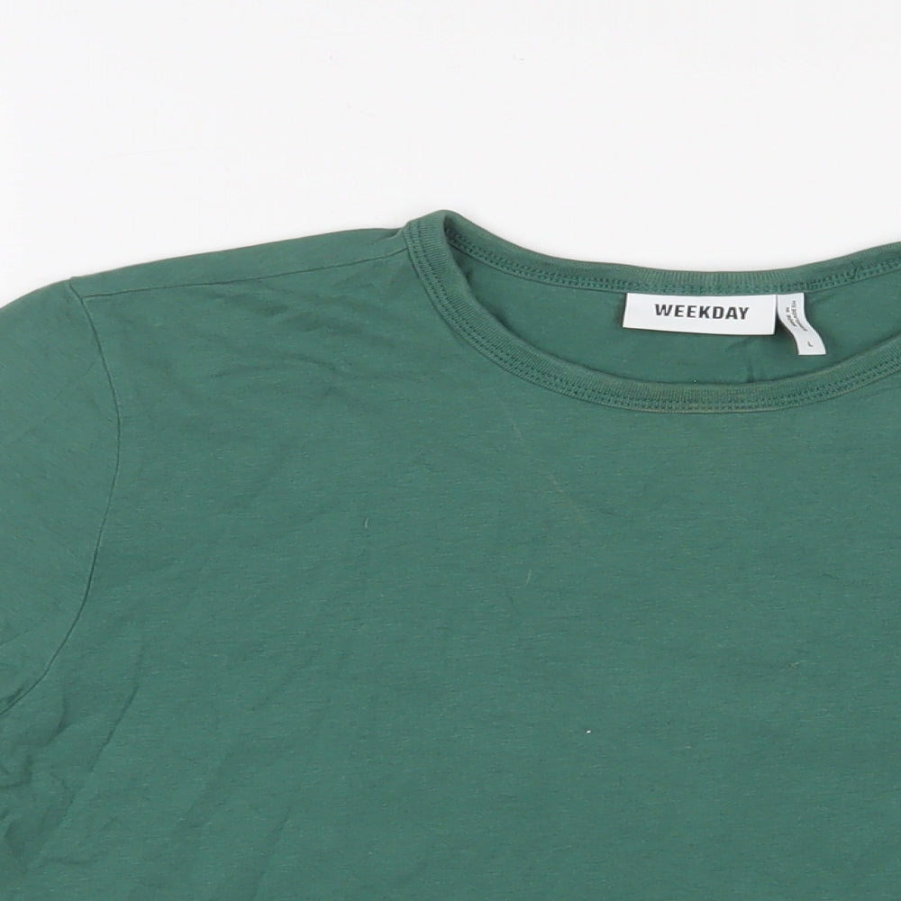 Weekday Womens Green Cotton Cropped T-Shirt Size L Crew Neck