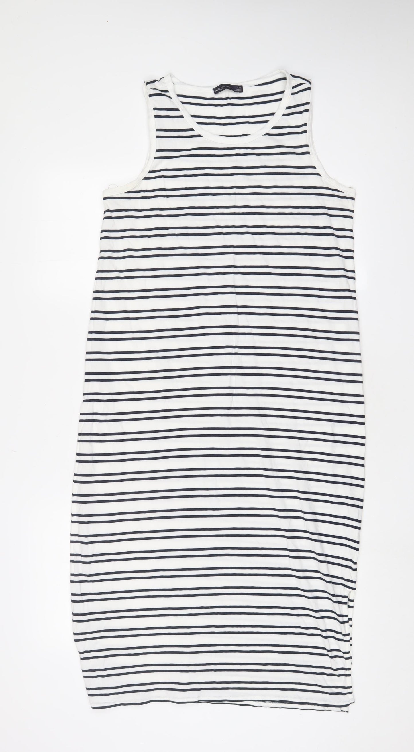 Marks and Spencer Womens White Striped Cotton Tank Dress Size 12 Scoop Neck Pullover