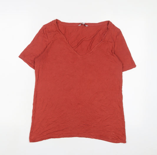 NEXT Womens Orange Viscose Basic T-Shirt Size 12 V-Neck