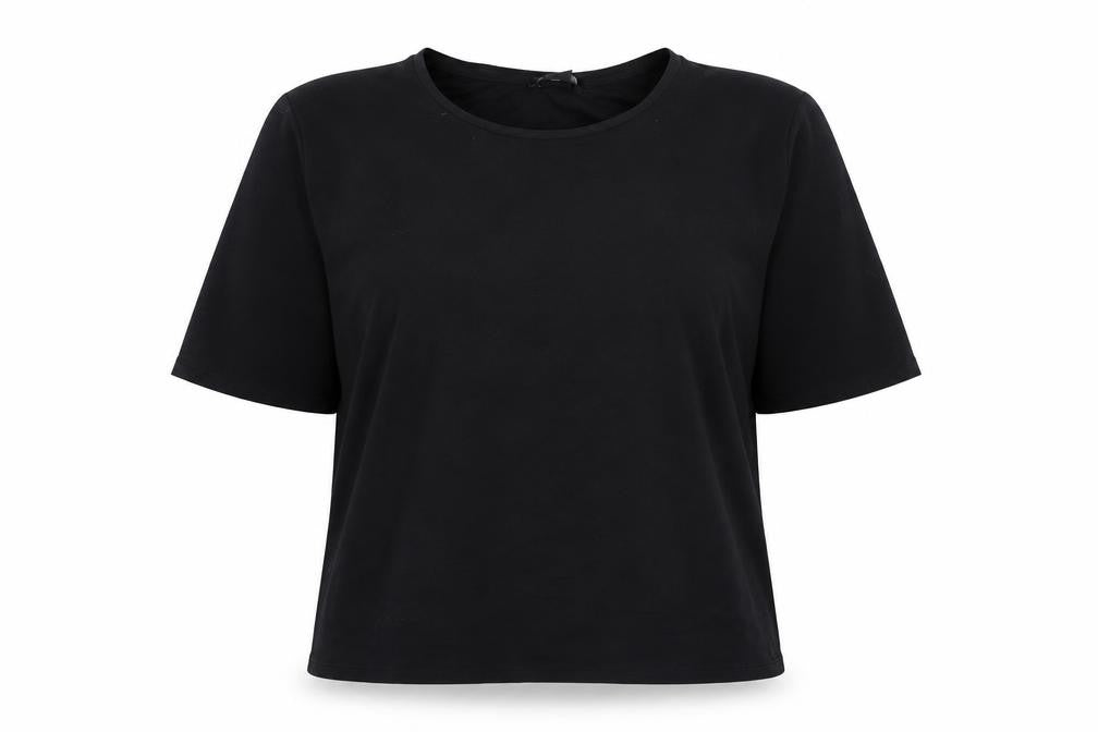 Front view of Monki women’s black modal basic t-shirt, size M, crew neck