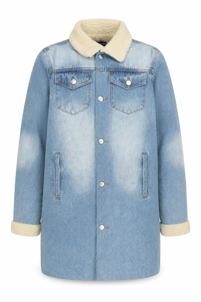 Front view of MOMOKROM women’s blue overcoat coat, size S, button - logo