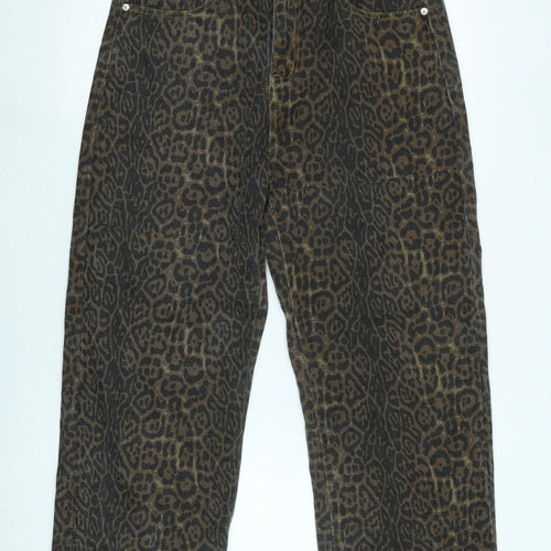 HHKKEEP Womens Brown Animal Print Cotton Wide-Leg Jeans Size 32 in L26 in Regular Zip - Raw Hem