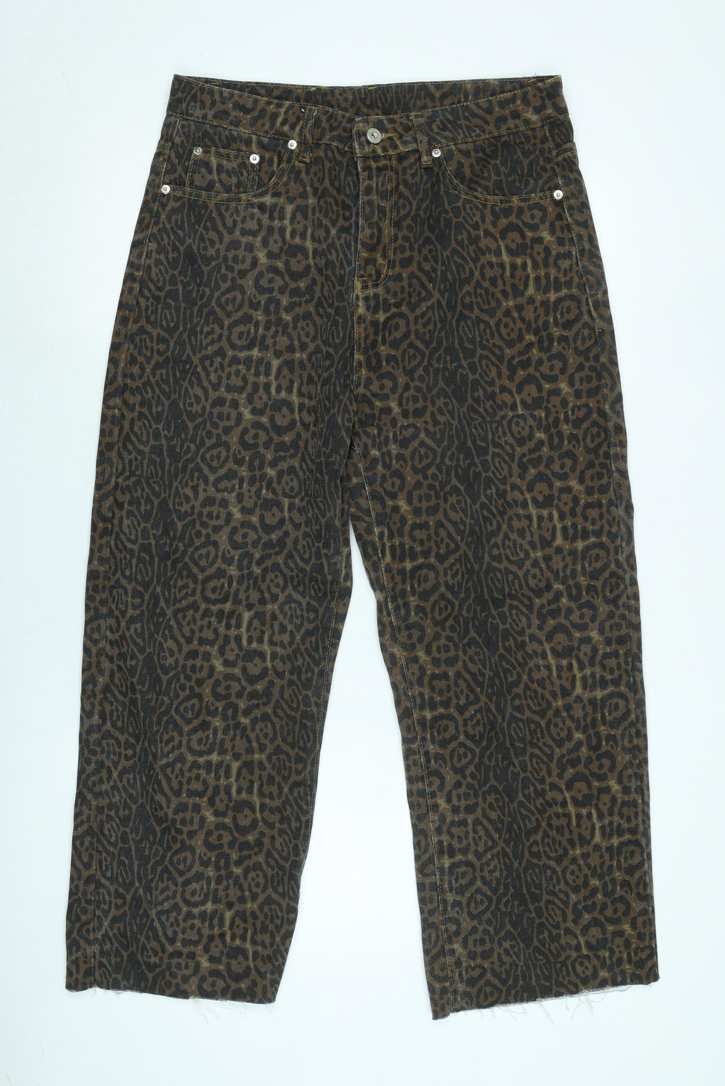 HHKKEEP Womens Brown Animal Print Cotton Wide-Leg Jeans Size 32 in L26 in Regular Zip - Raw Hem