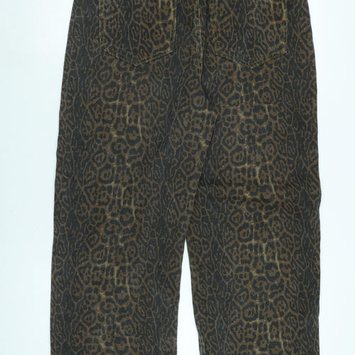 HHKKEEP Womens Brown Animal Print Cotton Wide-Leg Jeans Size 32 in L26 in Regular Zip - Raw Hem