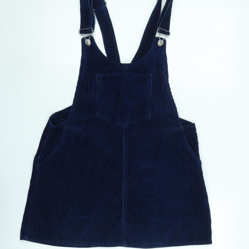 Zara Womens Blue Cotton Pinafore/Dungaree Dress Size M Square Neck Snap - Adjustable Straps