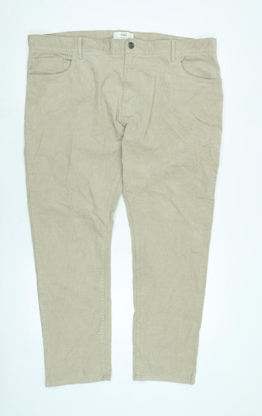 Marks and Spencer Mens Beige Cotton Blend Trousers Size 32 in L29 in Regular Zip