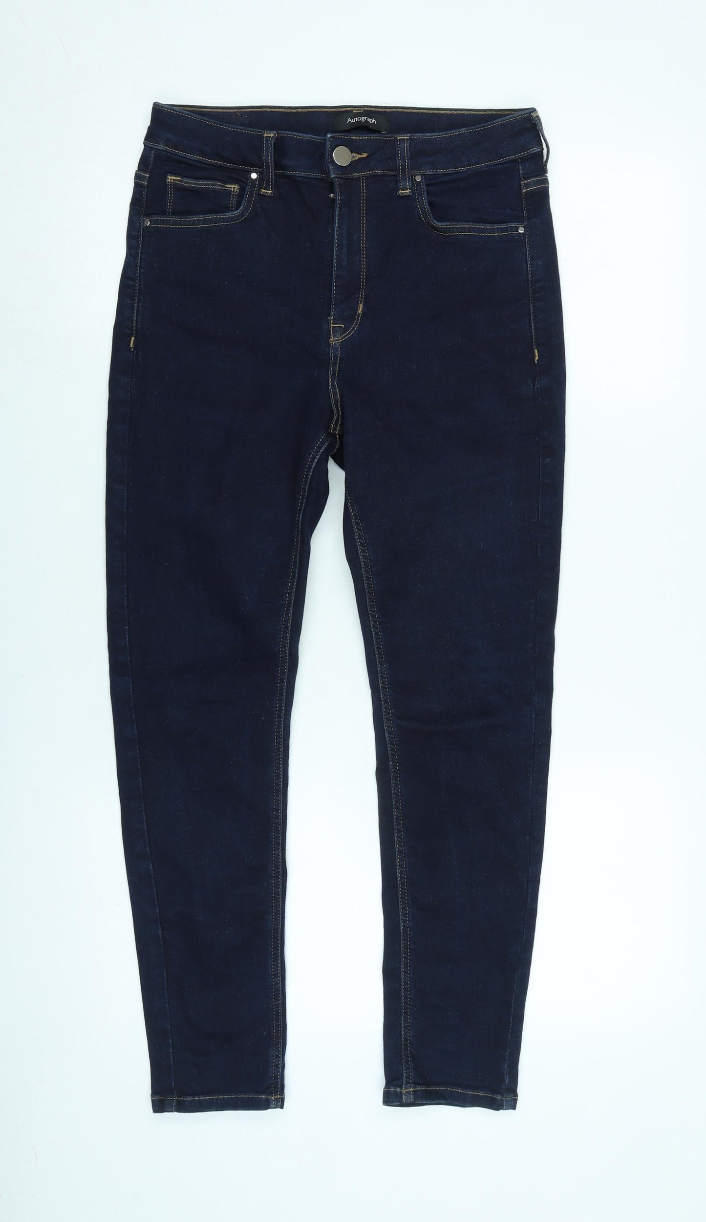 Marks and Spencer Womens Blue Cotton Blend Tapered Jeans Size 12 L27 in Regular Zip