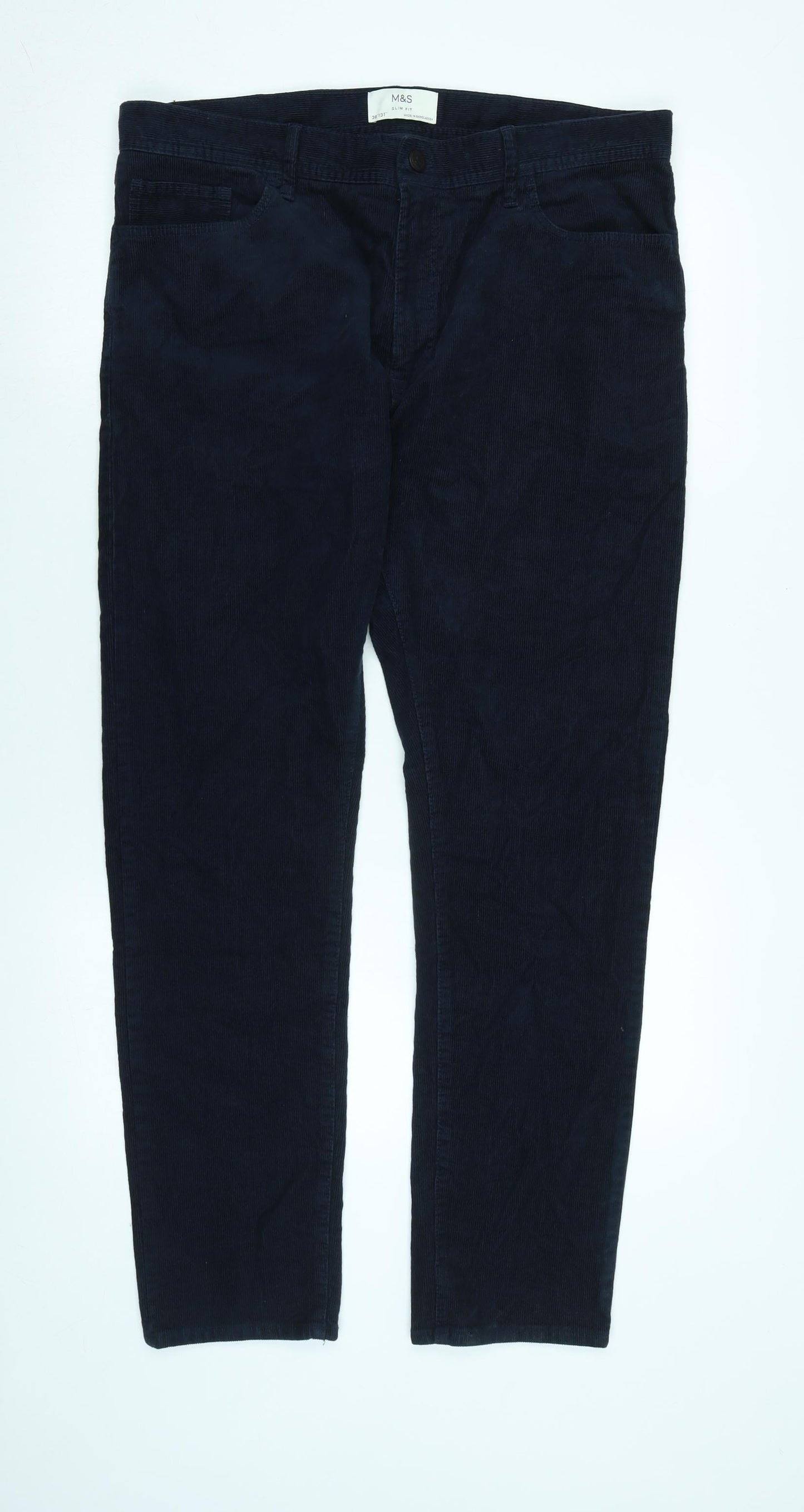Marks and Spencer Mens Blue Cotton Blend Trousers Size 36 in L31 in Regular Zip