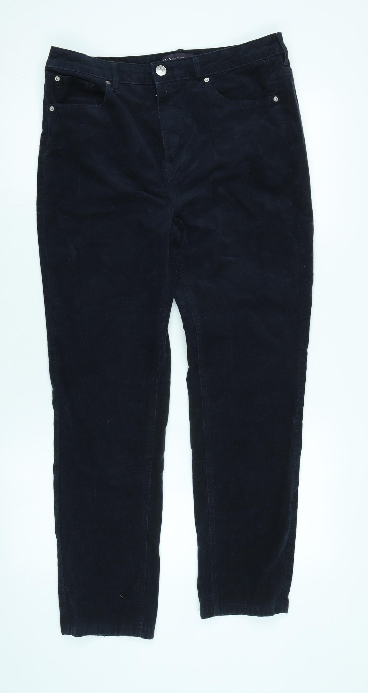 Marks and Spencer Womens Blue Cotton Trousers Size 14 L28 in Regular Zip