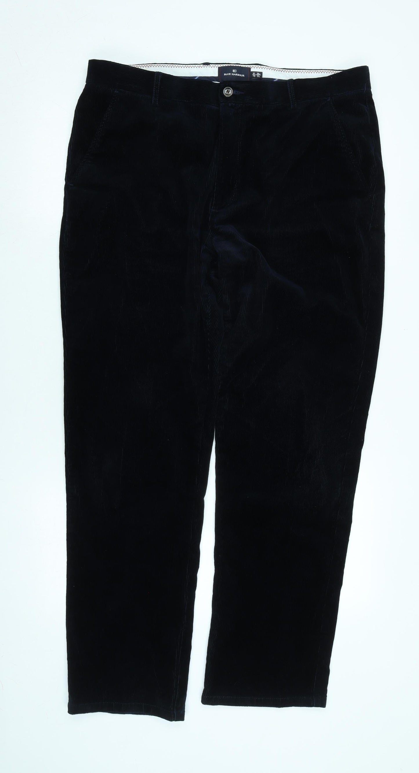 Marks and Spencer Mens Blue Cotton Blend Trousers Size 36 in L31 in Regular Zip