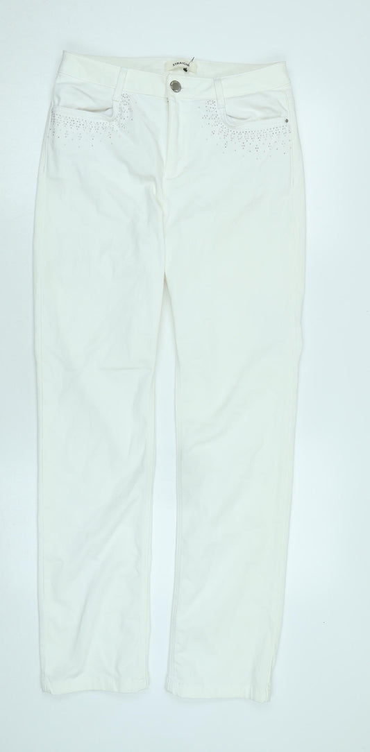 Marks and Spencer Womens White Cotton Blend Straight Jeans Size 12 L30 in Regular Zip - Diamonte detail .