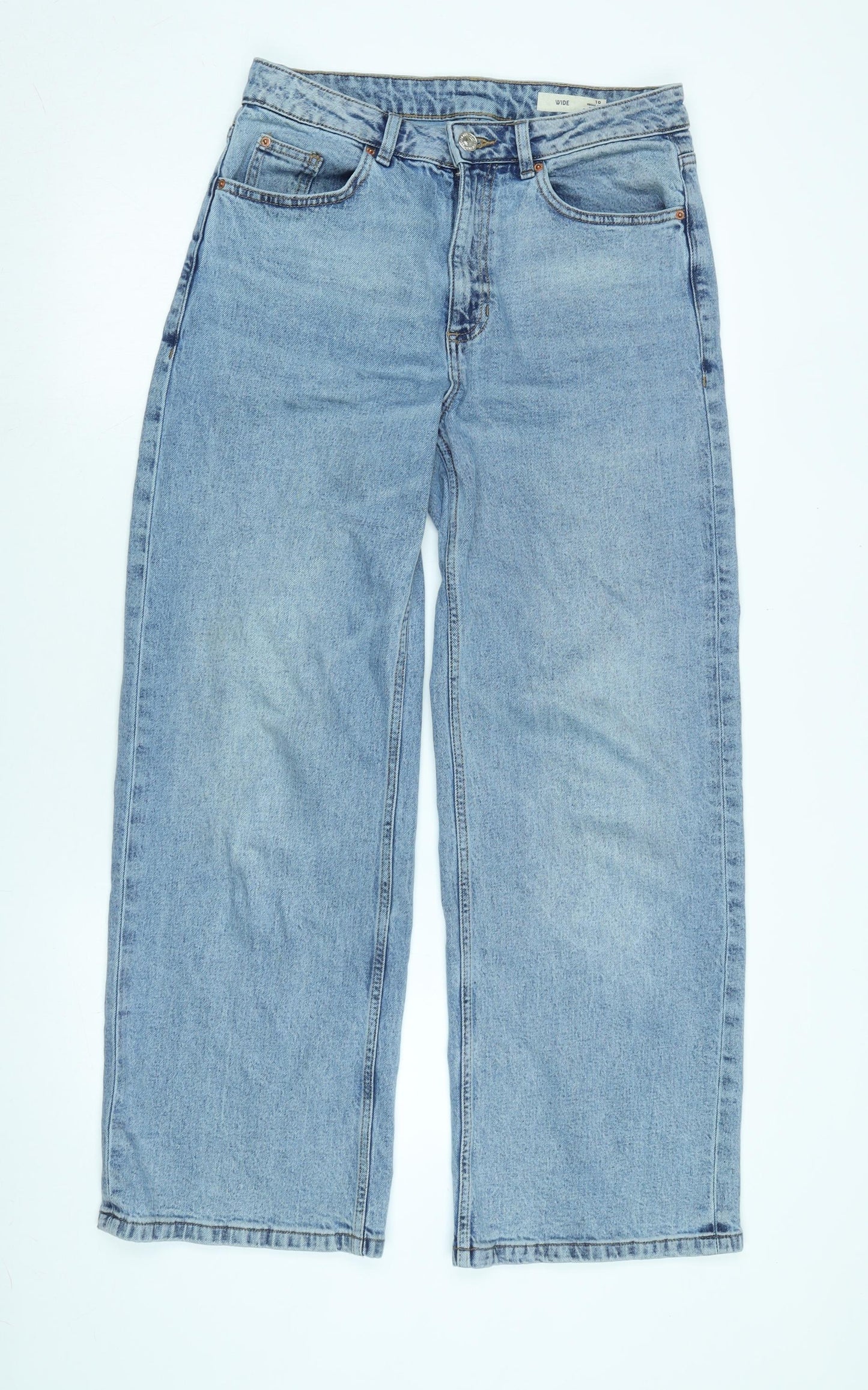 Marks and Spencer Womens Blue Cotton Blend Wide-Leg Jeans Size 10 L30 in Regular Zip