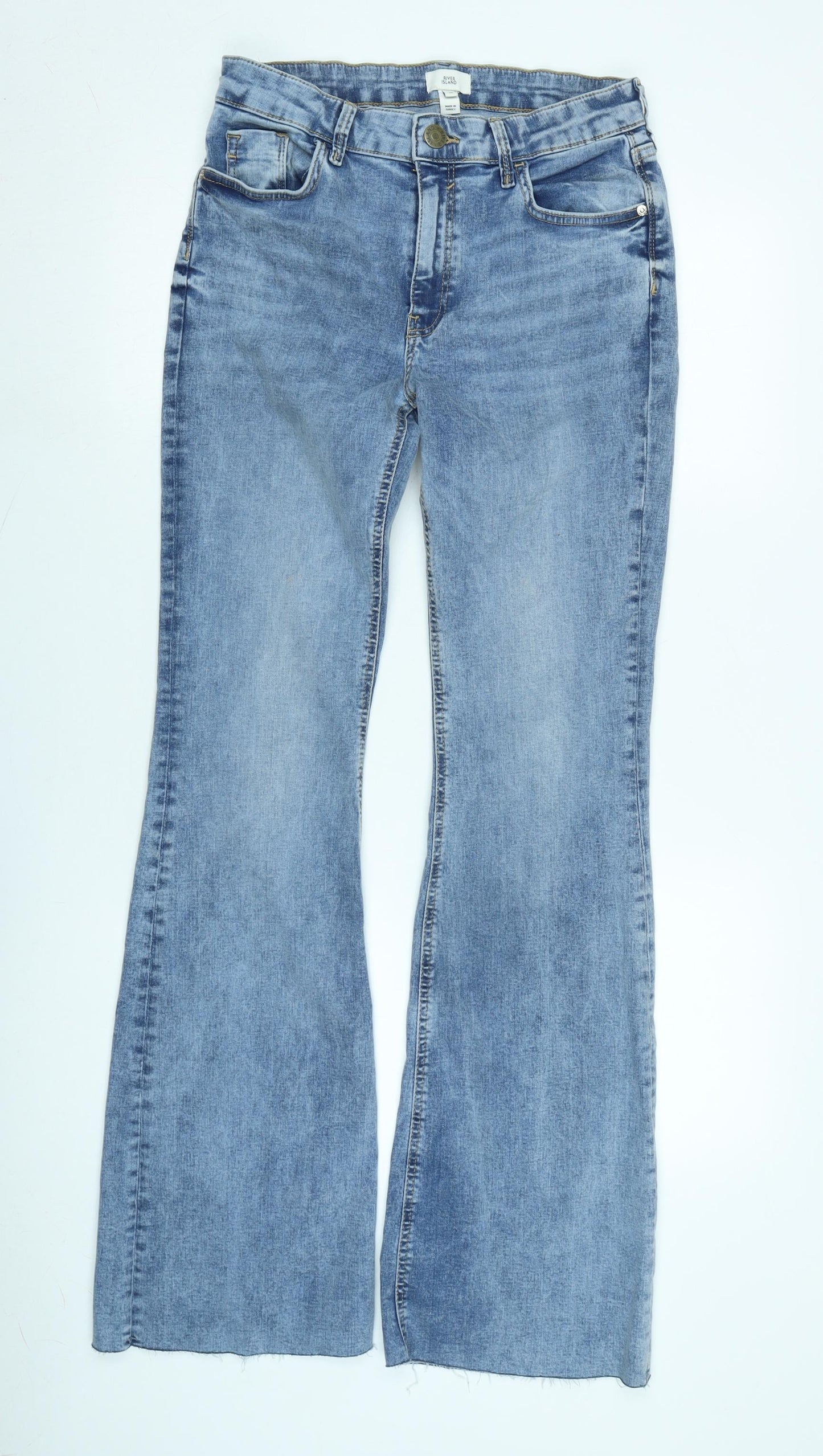 River Island Womens Blue Cotton Blend Flared Jeans Size 12 L33 in Regular Zip - Raw Hem