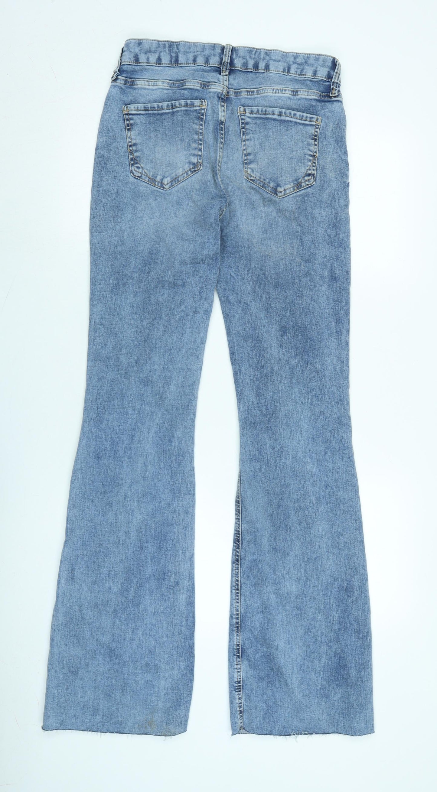 River Island Womens Blue Cotton Blend Flared Jeans Size 12 L33 in Regular Zip - Raw Hem