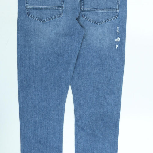 Marks and Spencer Mens Blue Cotton Straight Jeans Size 32 in L31 in Regular Zip - Stickers on leg