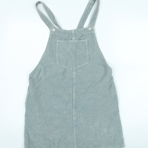 Topshop Womens Grey Cotton Pinafore/Dungaree Dress Size 10 Square Neck Snap