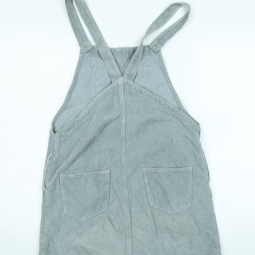 Topshop Womens Grey Cotton Pinafore/Dungaree Dress Size 10 Square Neck Snap