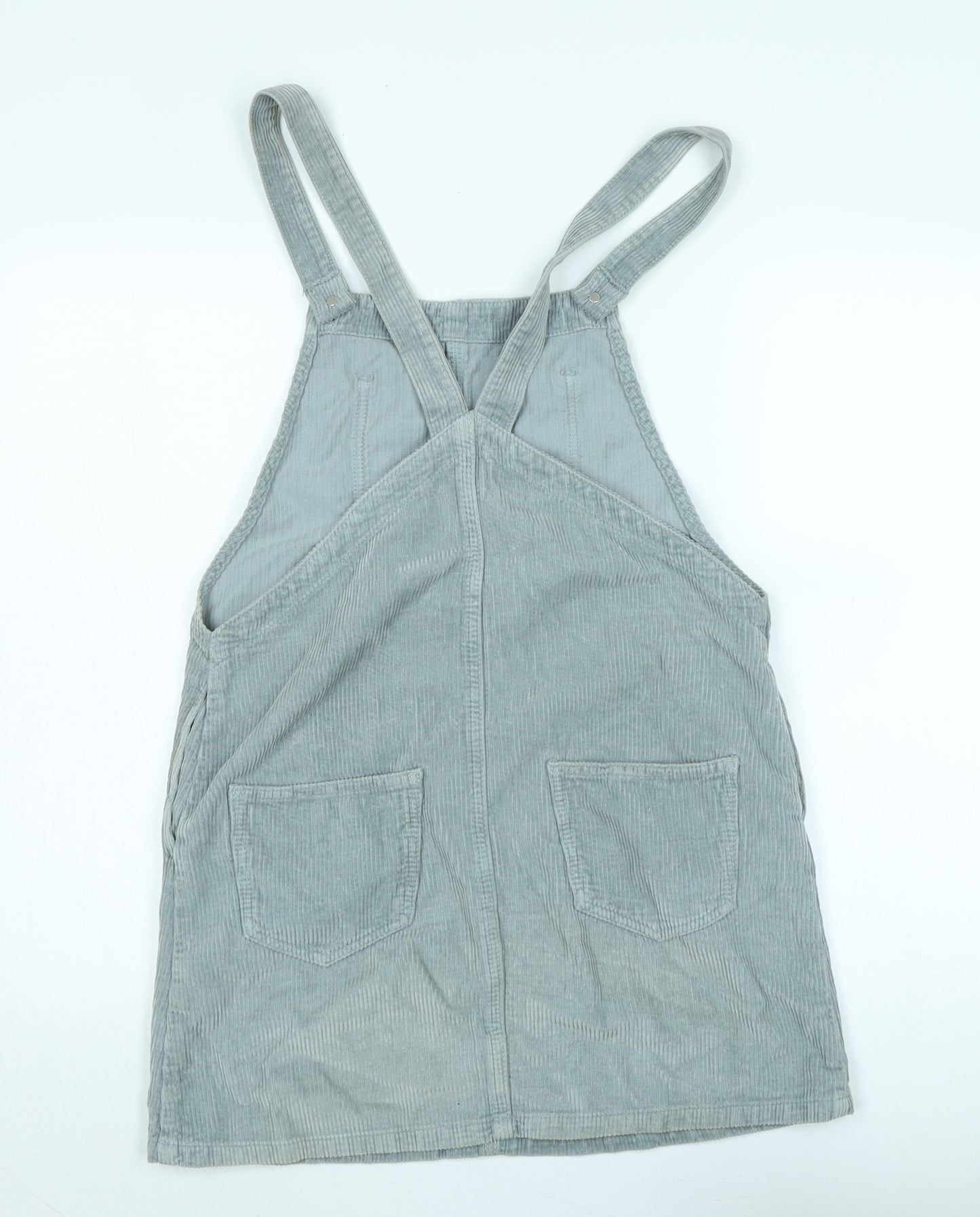 Topshop Womens Grey Cotton Pinafore/Dungaree Dress Size 10 Square Neck Snap