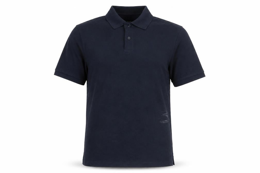 Front view of Marks & Spencer men’s blue cotton polo, size M, collared button
