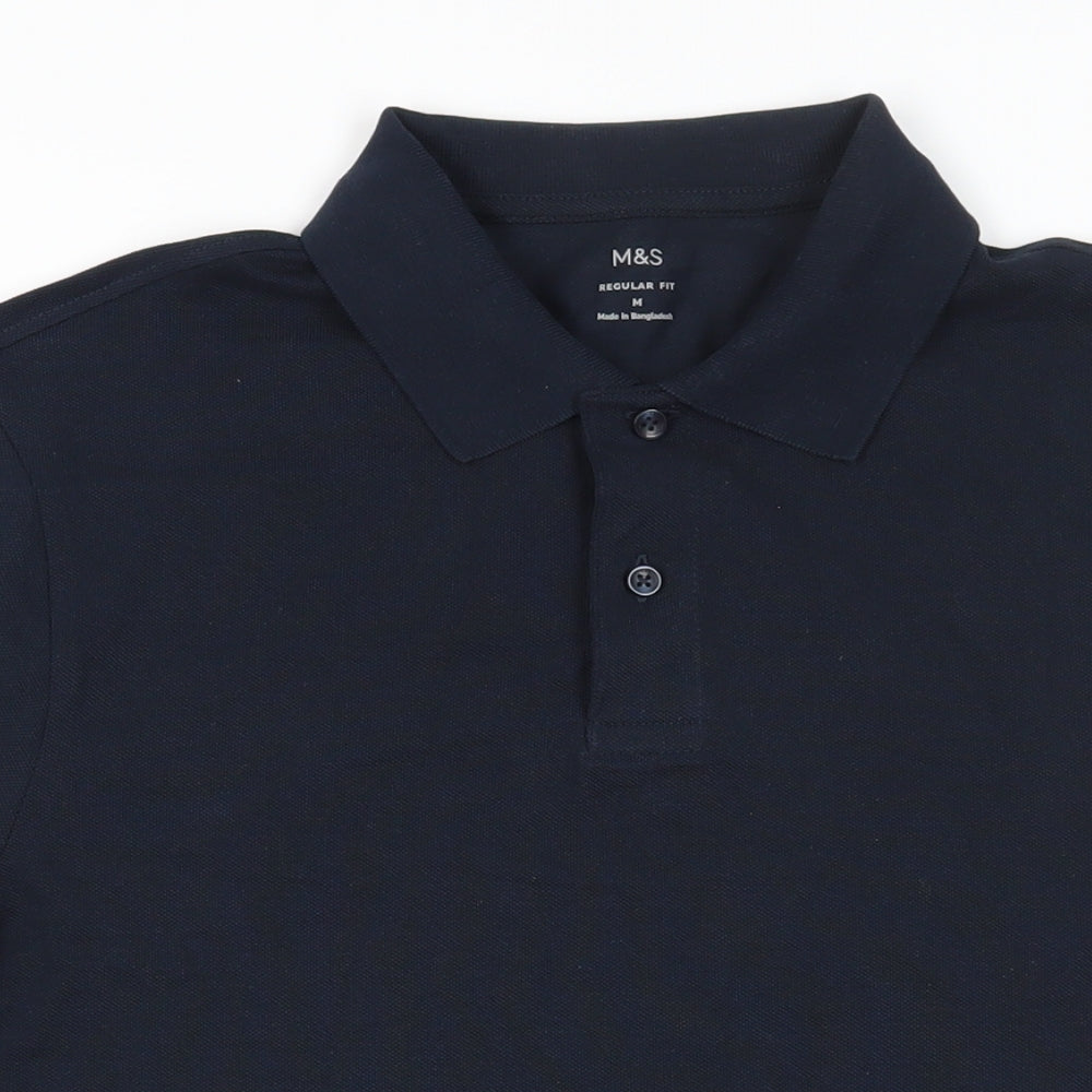 Marks and Spencer Mens Blue Cotton Polo Size M Collared Button