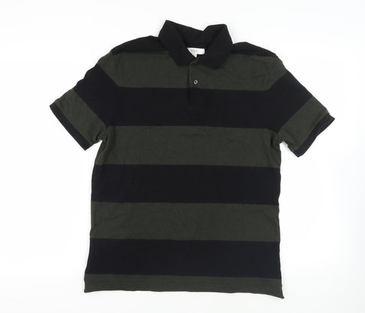 Marks and Spencer Mens Green Striped Cotton Polo Size M Collared Button