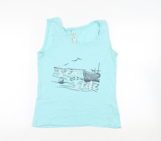 Weird Fish Womens Blue Cotton Basic Tank Size 10 Boat Neck - Logo Seaside