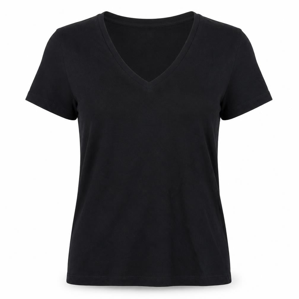Front view of Marks & Spencer women’s black cotton basic t-shirt, size UK 6, v-neck