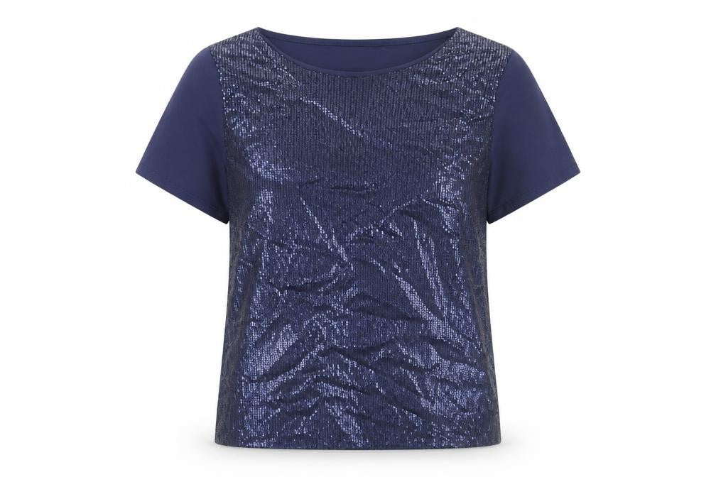 Front view of Dorothy Perkins women’s blue polyester basic t-shirt, size UK 12, boat neck - sequin