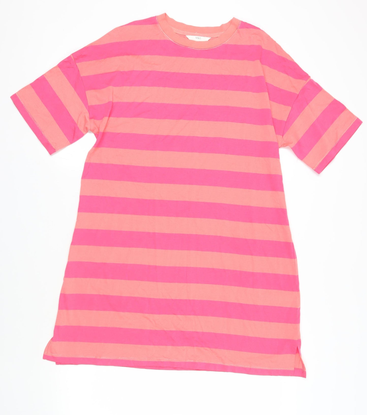 Marks and Spencer Womens Pink Striped Cotton T-Shirt Dress Size M Crew Neck Pullover