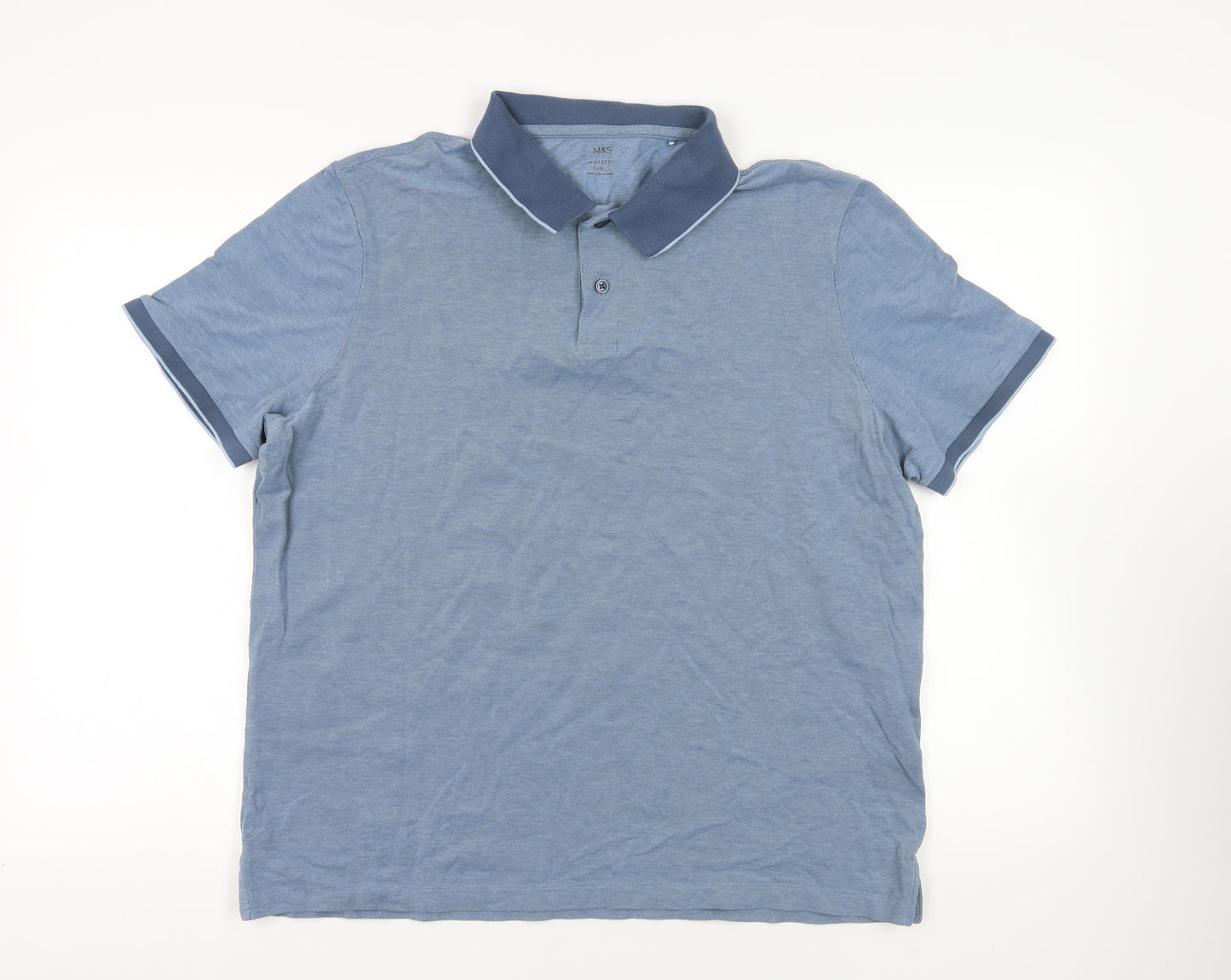 Marks and Spencer Mens Blue Cotton Polo Size 2XL Collared Button