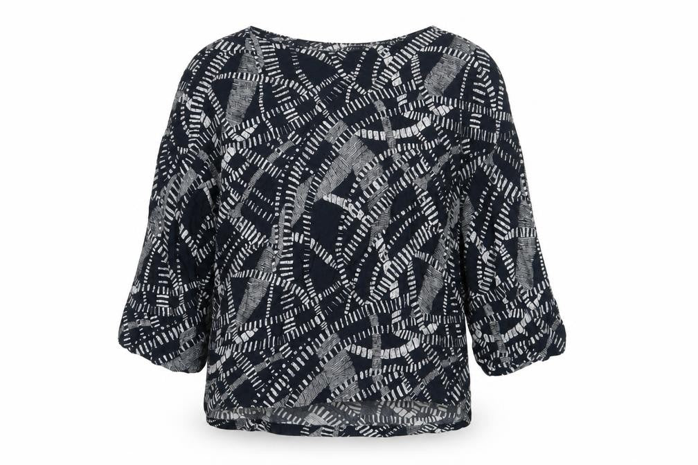 Front view of Marks & Spencer women’s blue geometric viscose basic blouse, size UK 12, boat neck