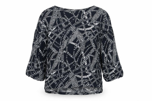 Front view of Marks & Spencer women’s blue geometric viscose basic blouse, size UK 12, boat neck