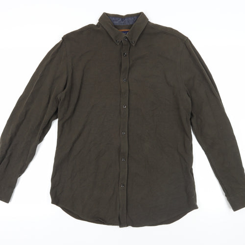 Zara Mens Green Cotton Button-Up Size M Collared Button - Elbow Patches