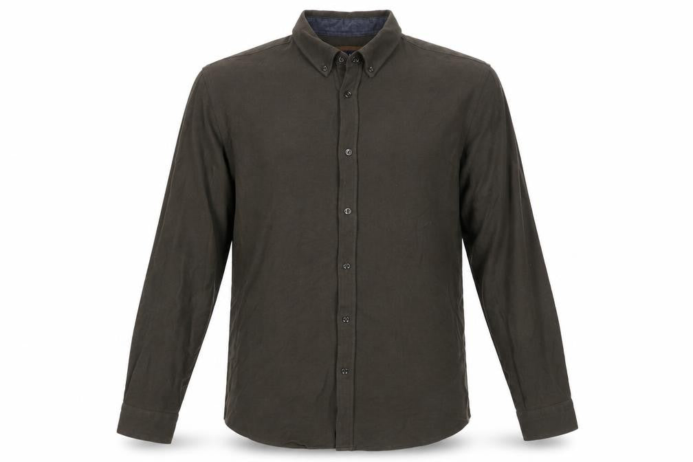 Front view of Zara men’s green cotton button-up, size M, collared button - elbow patches