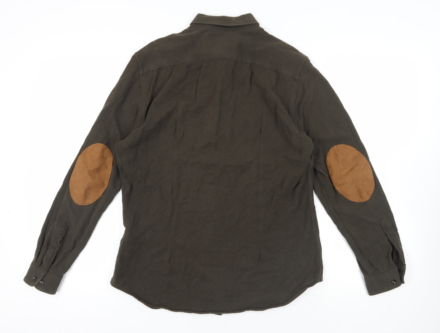 Zara Mens Green Cotton Button-Up Size M Collared Button - Elbow Patches