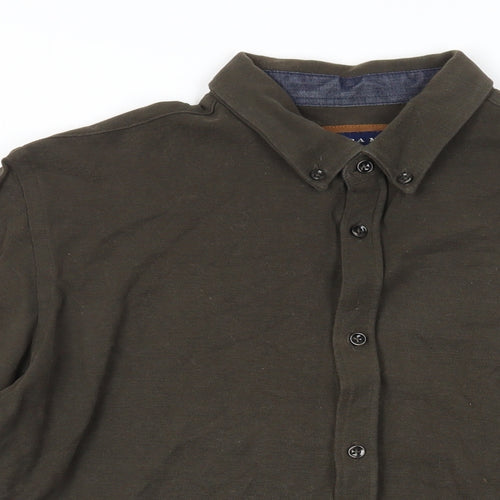 Zara Mens Green Cotton Button-Up Size M Collared Button - Elbow Patches