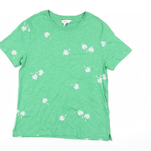 Marks and Spencer Womens Green Geometric Cotton Basic T-Shirt Size 8 Crew Neck - Palm Tree Print