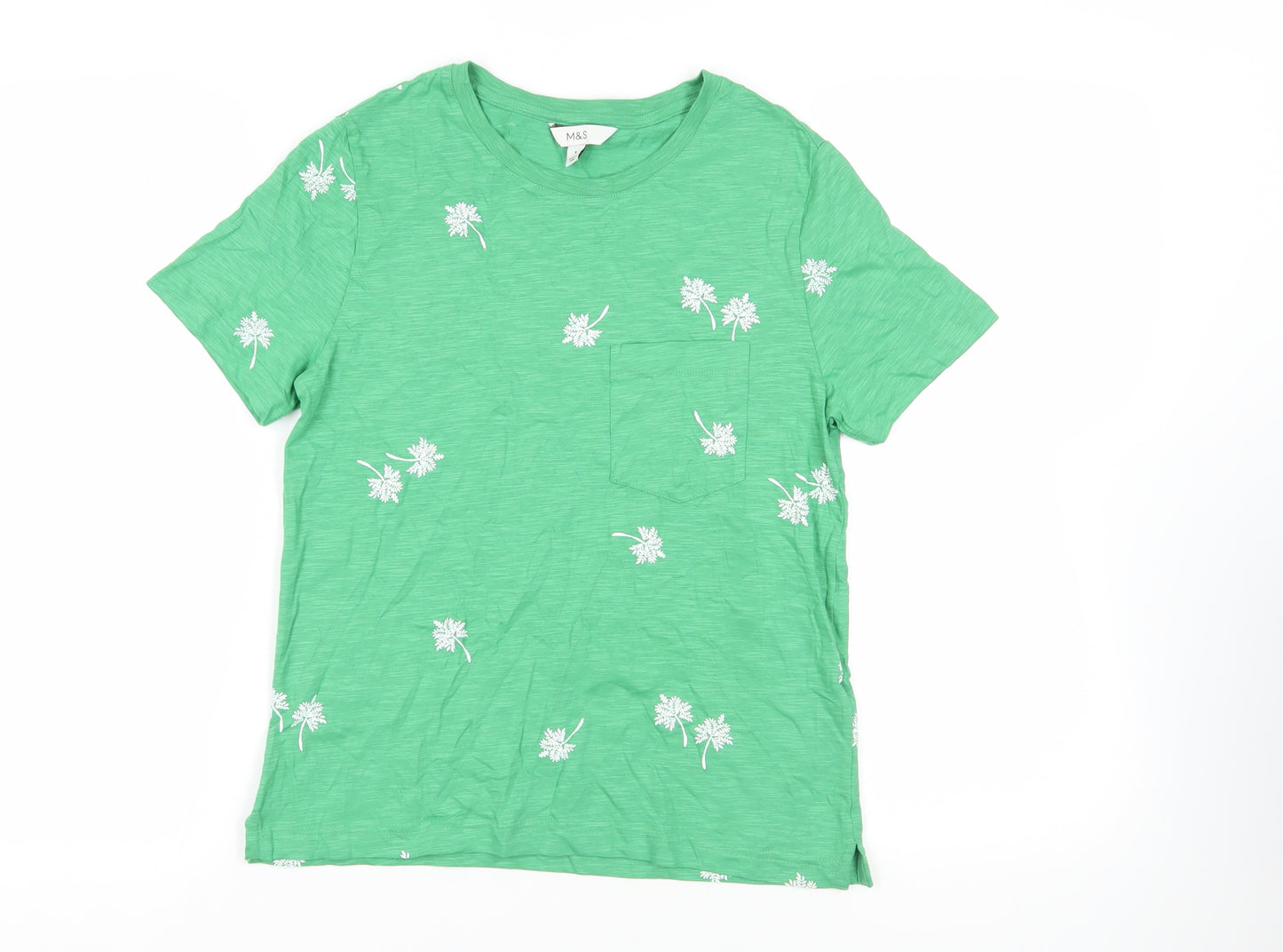 Marks and Spencer Womens Green Geometric Cotton Basic T-Shirt Size 8 Crew Neck - Palm Tree Print