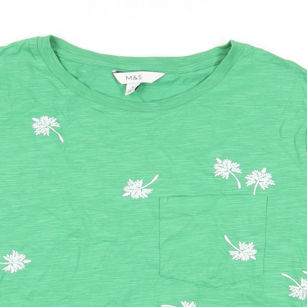 Marks and Spencer Womens Green Geometric Cotton Basic T-Shirt Size 8 Crew Neck - Palm Tree Print