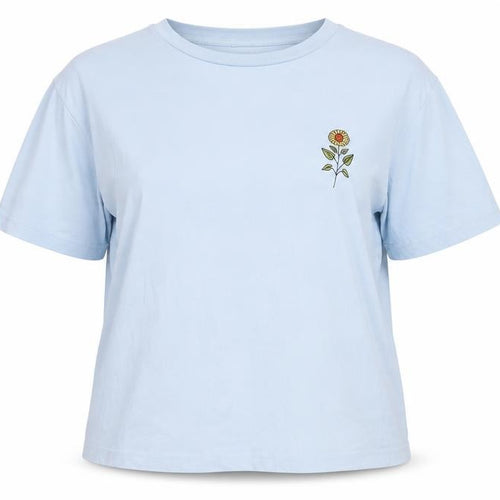 Monki Womens Blue Cotton Basic T-Shirt Size L Crew Neck - Flower Detail