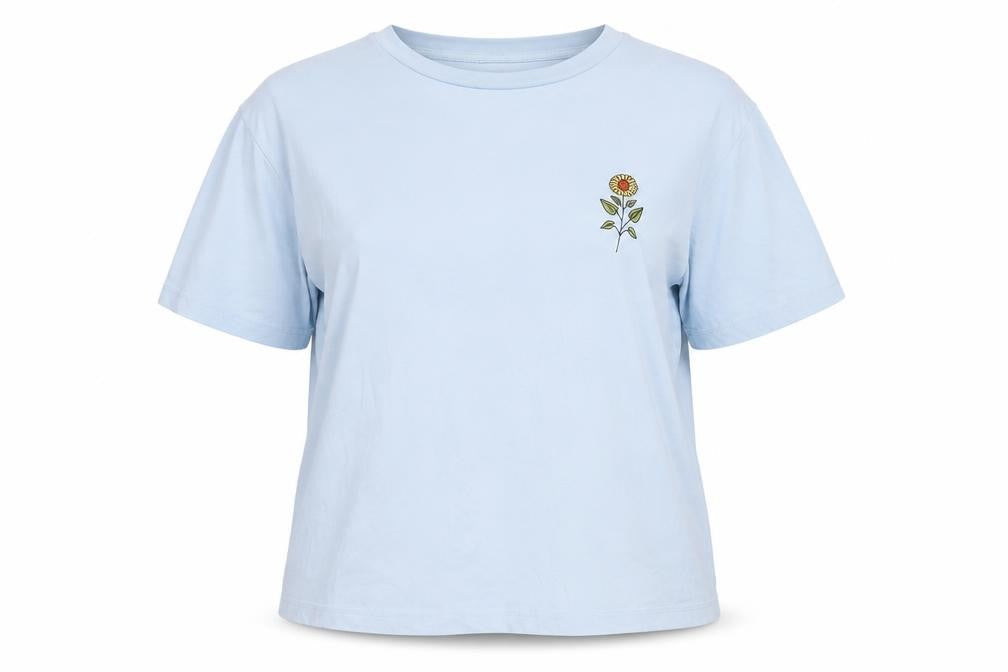 Monki Womens Blue Cotton Basic T-Shirt Size L Crew Neck - Flower Detail